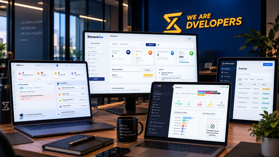 Telas das plataformas CRM For You, RenaveGo, NovaMoney e DCA Eventos
