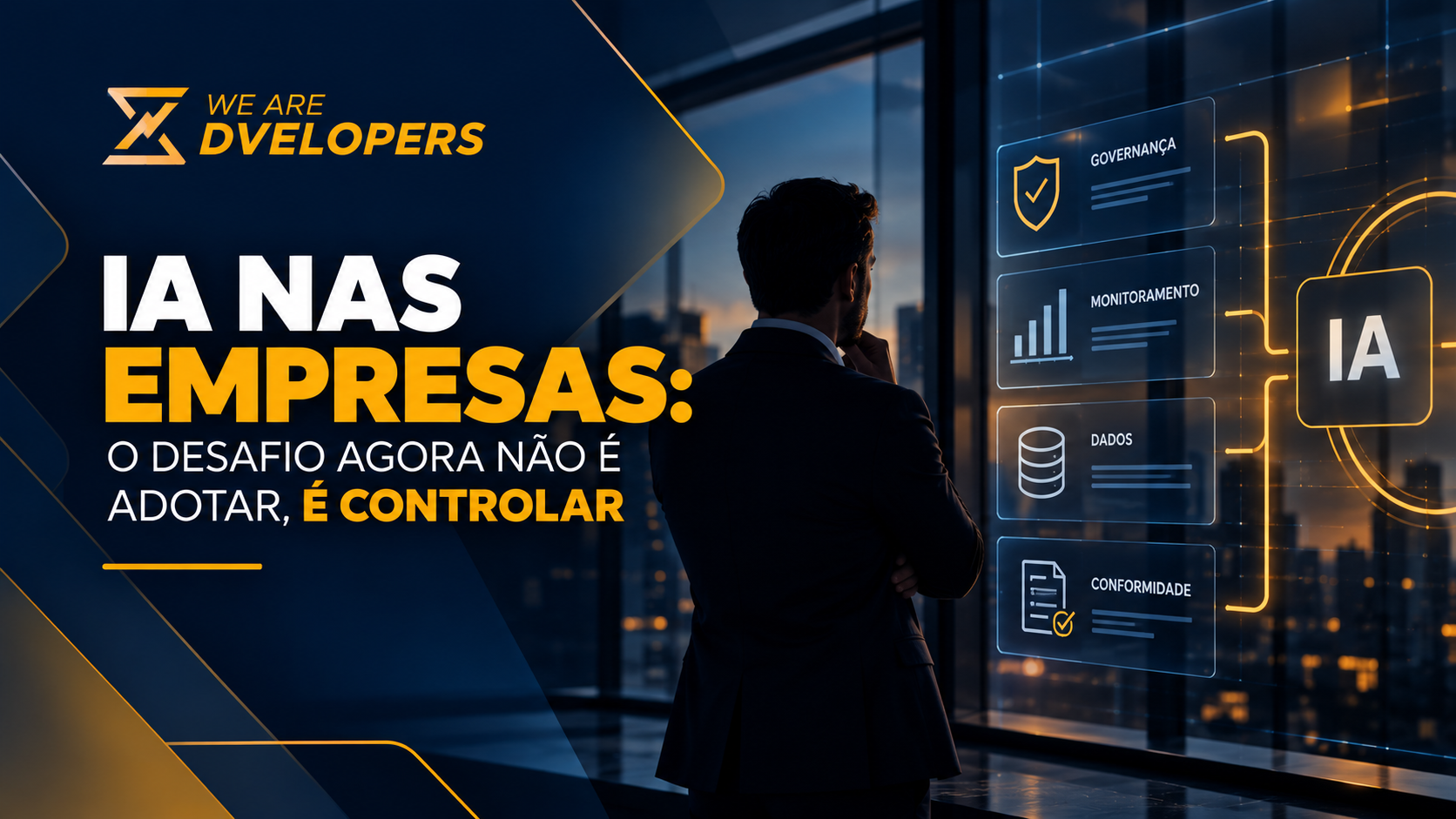 Imagem conceitual sobre inteligência artificial nas empresas, destacando governança, monitoramento, dados e controle.