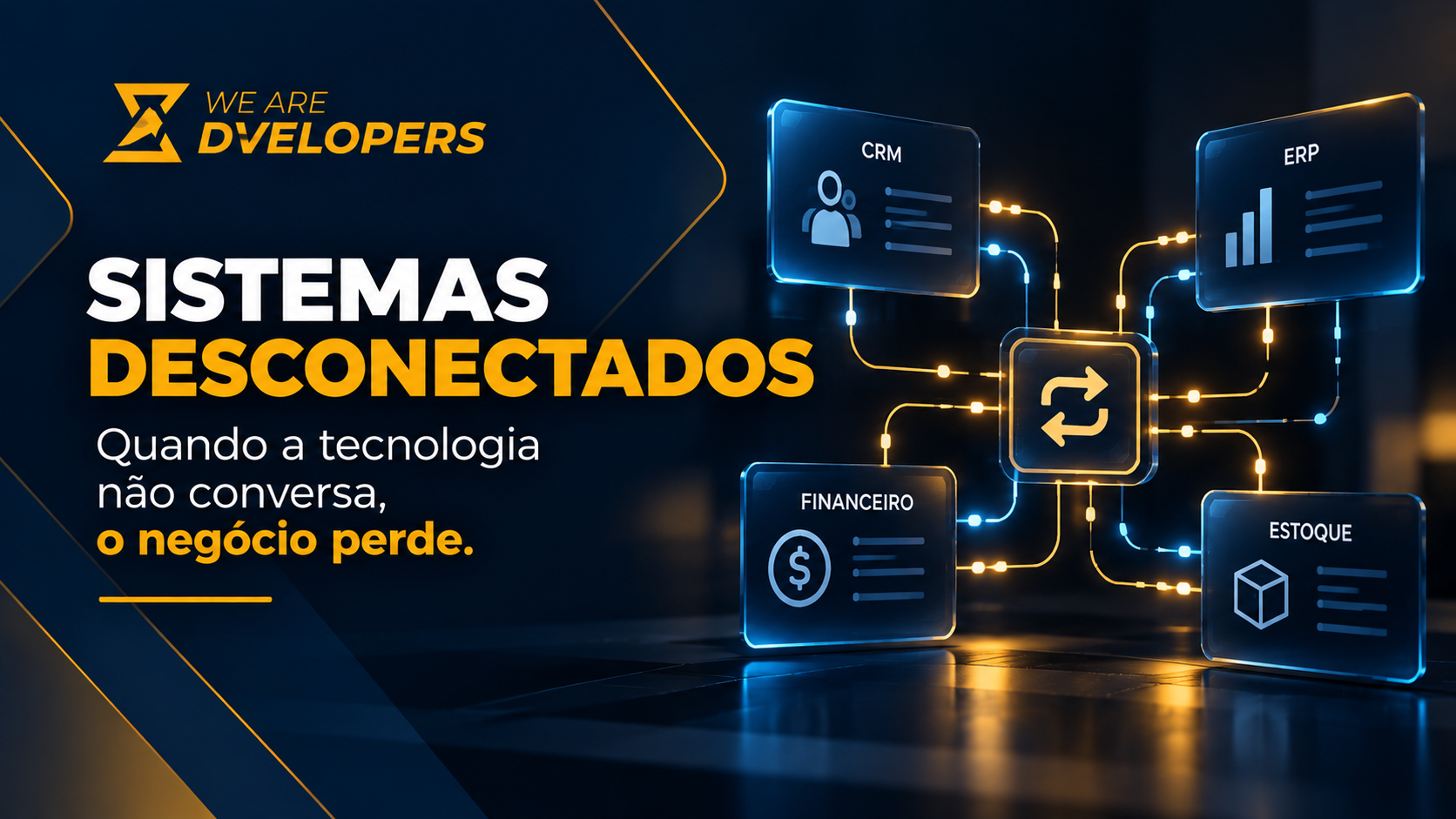 Imagem conceitual sobre integração de sistemas empresariais, representando diferentes plataformas conectadas por fluxos de dados em uma composição tecnológica nas cores azul-marinho e dourado.