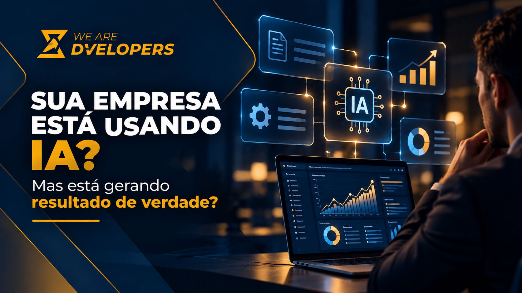 Imagem conceitual sobre inteligência artificial aplicada aos negócios, com elementos de análise de dados e indicadores de desempenho em uma composição tecnológica azul-marinho e dourada.